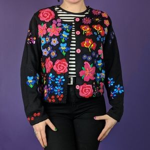 90s Vtg Michael Simon Flower Garden Black Cardigan